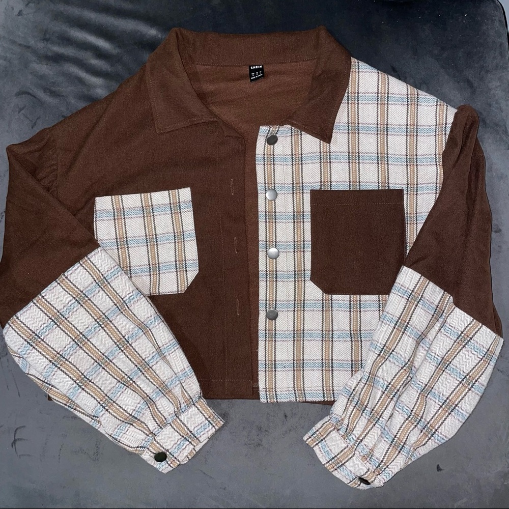 SHEIN | Brown Tartan Panel Corduroy Crop Shacket | Size: M